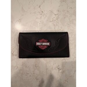 Harley-Davidson Womens Black Genuine Leather Wallet Pink Stitching Motorcycle